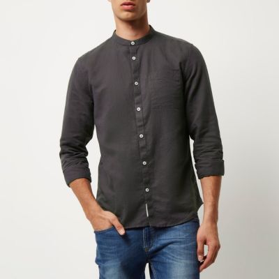 Charcoal linen-rich grandad collar shirt